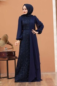  Elegant Navy Blue Islamic Clothing Prom Dress 5516L - 1