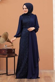  Elegant Navy Blue Islamic Clothing Prom Dress 5516L - 2