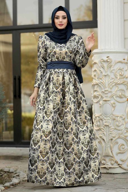Navy Blue Hijab Evening Dress 82454L - 