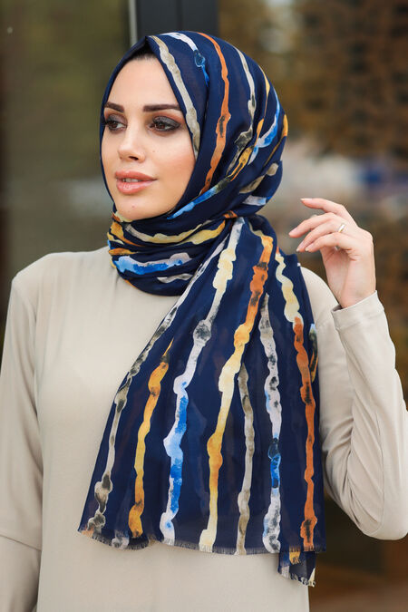 Navy Blue Hijab Shawl 7535L - NEVA STYLE