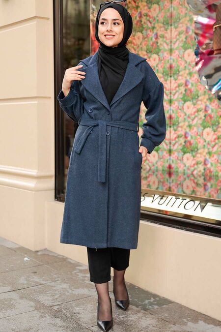 Navy Blue Hijab Stamp Coat 5802L - NEVA STYLE