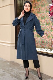 Navy Blue Hijab Stamp Coat 5802L - 2