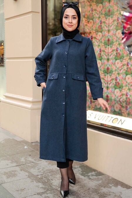Navy Blue Hijab Stamp Coat 5808L - NEVA STYLE