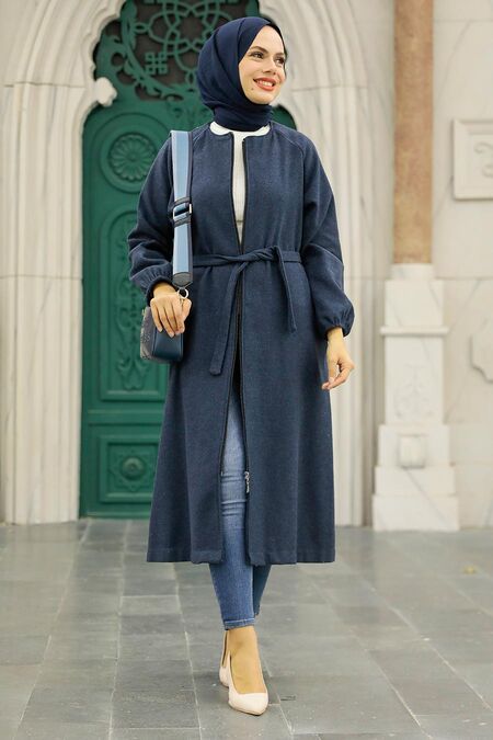 Navy Blue Hijab Stamp Coat 5822L - NEVA STYLE