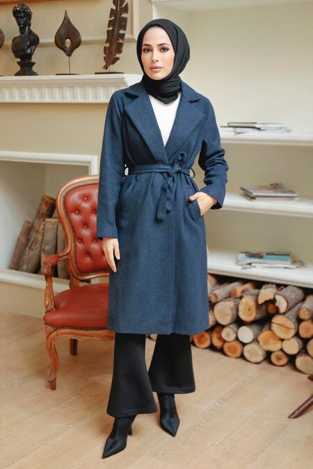 Navy Blue Hijab Stamp Coat 70150L - NEVA STYLE