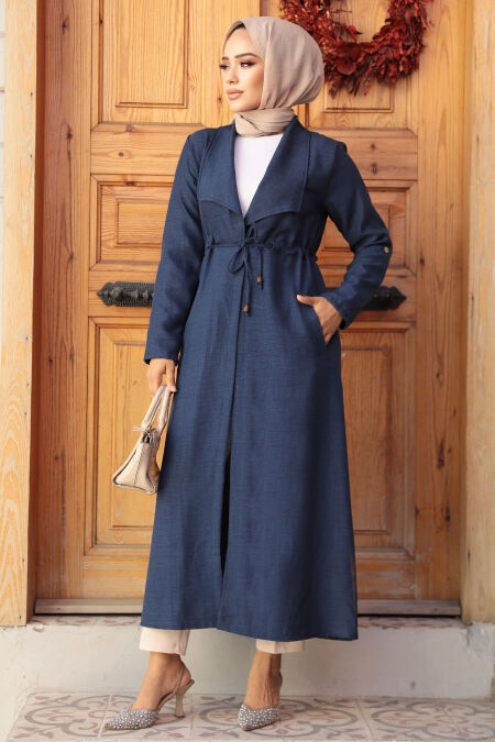 Navy Blue Long Sleeve Coat 11341L - NEVA STYLE