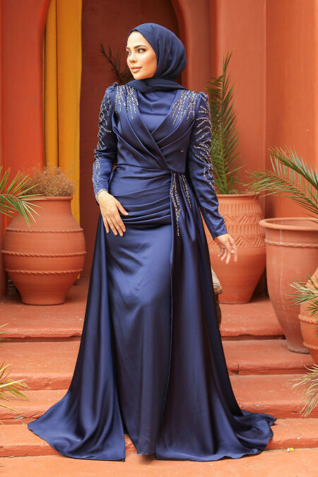 Navy Blue Modest Long Satin Dress 43381L