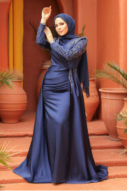 Navy Blue Modest Long Satin Dress 43381L - 2