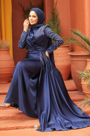 Navy Blue Modest Long Satin Dress 43381L - 3