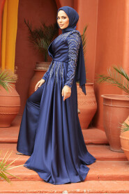 Navy Blue Modest Long Satin Dress 43381L - 4