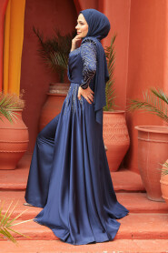 Navy Blue Modest Long Satin Dress 43381L - 5