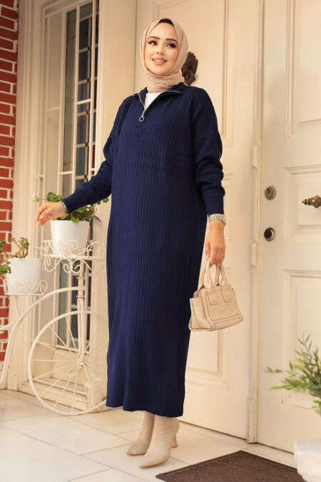 Navy Blue Women Knitwear Dress 34310L - NEVA STYLE