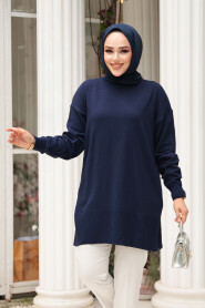 Navy Blue Modest Knit Sweater Tunic 2822L - 1