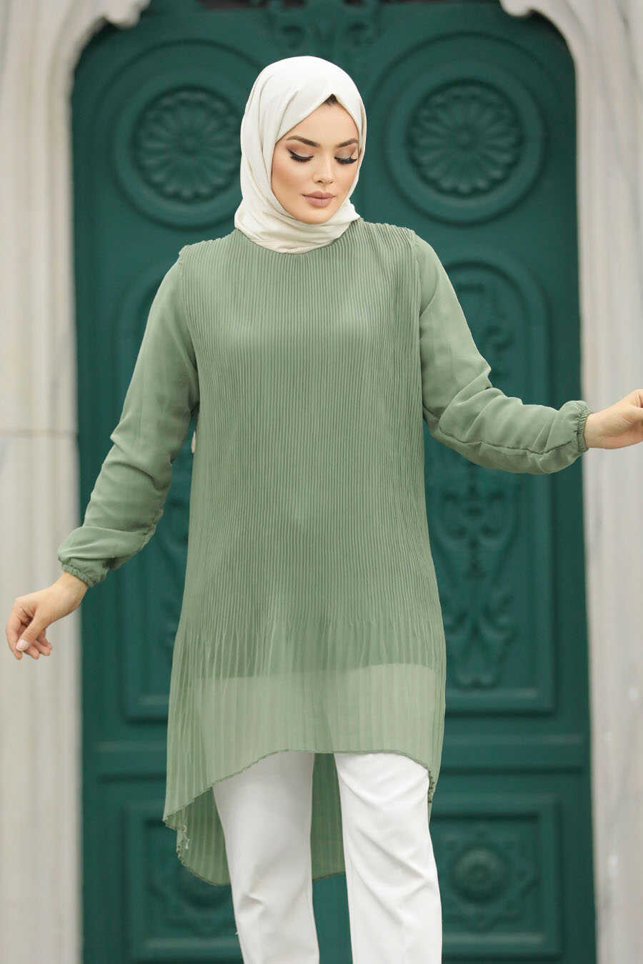 Neva Style - Almond Green Hijab For Women Tunic 91235CY