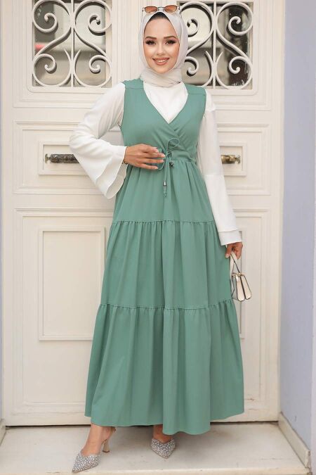 Almond Green Hijab Gilet Dress 577CY - NEVA STYLE