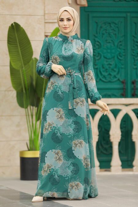  Almond Green Hijab Maxi Dress 279323CY - NEVA STYLE