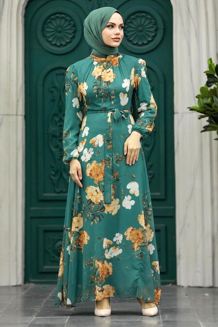  Almond Green Islamic Clothing Dress 27940CY - NEVA STYLE