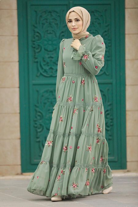  Almond Green Islamic Clothing Dress 32814CY - NEVA STYLE