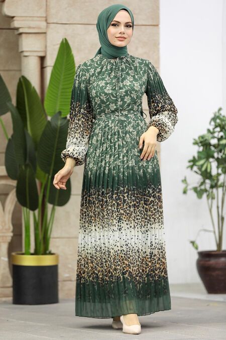  Almond Green Long Muslim Dress 38401CY - NEVA STYLE