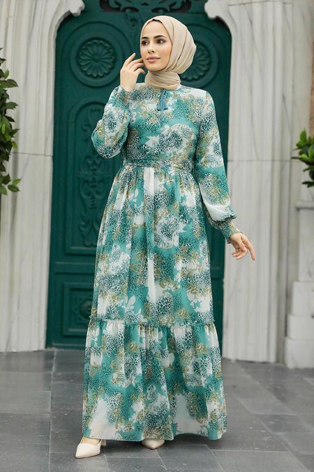  Almond Green Long Muslim Dress 33560CY - NEVA STYLE
