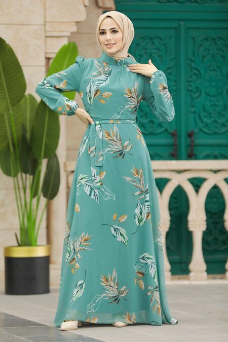  Almond Green Muslim Long Dress Style 279316CY - NEVA STYLE