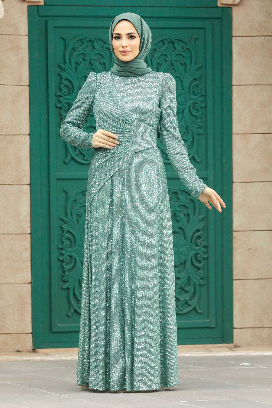 sage green muslim dress Dubai Sage Green Muslim Evening Dress High Neck Women Wedding Party SS630 main image 0