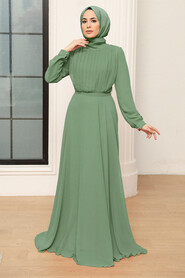  Almond Green Turkish Hijab Evening Gown 3371CY - NEVA STYLE