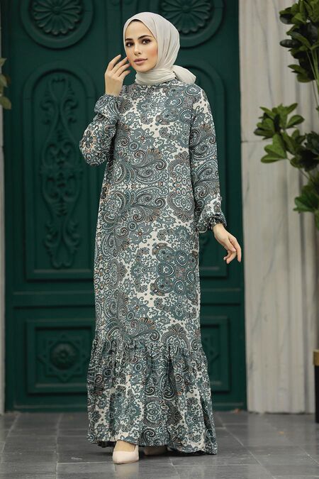  Almonnd Green Long Dress for Muslim Ladies 15714CY - NEVA STYLE