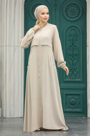  Beige Abaya For Women 20075BEJ - Thumbnail