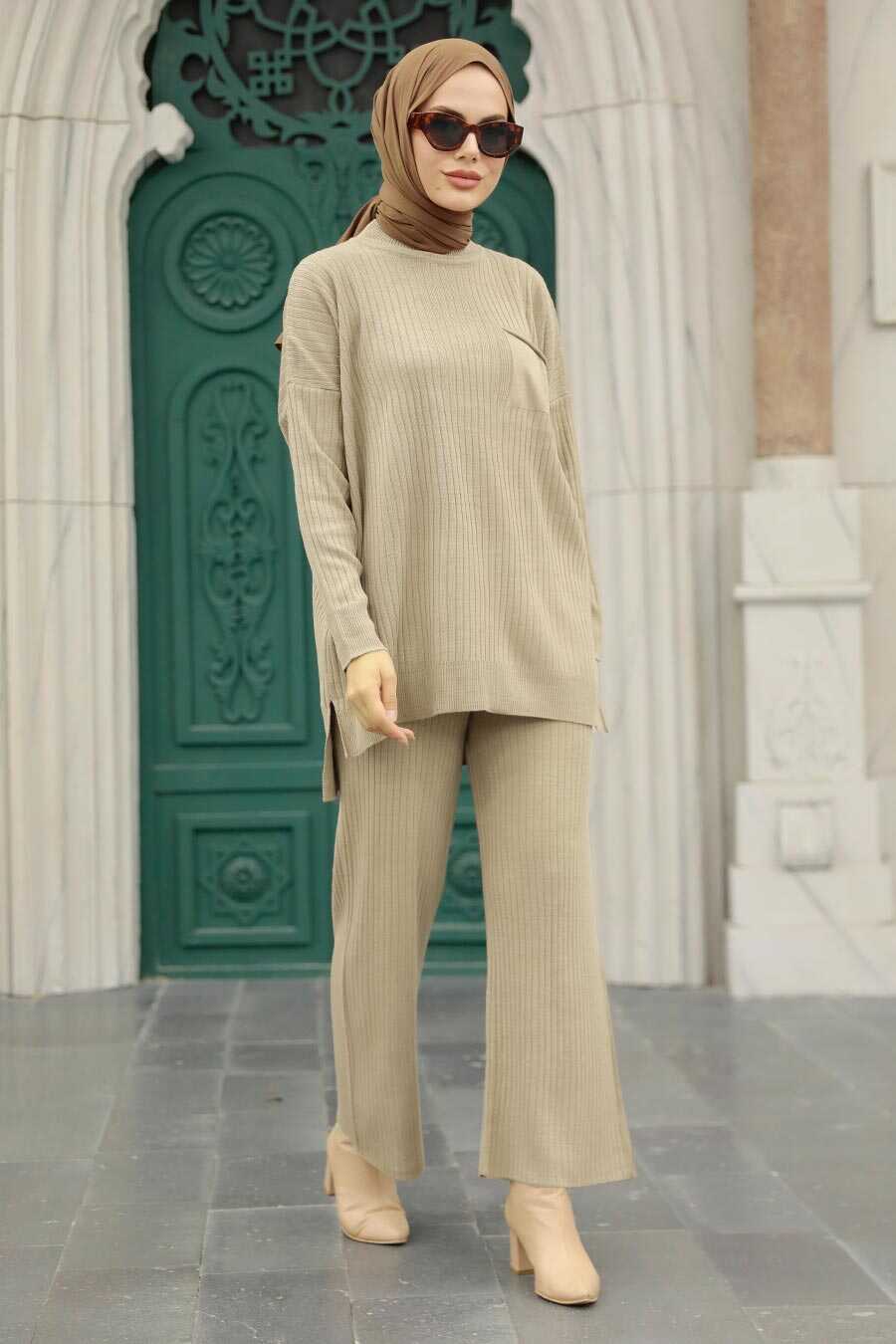 Neva Style - Beige Hijab For Women Knitwear Double Suit 34060BEJ