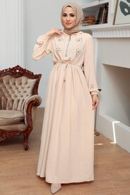  Beige Hijab Maxi Dress 13260BEJ - 1