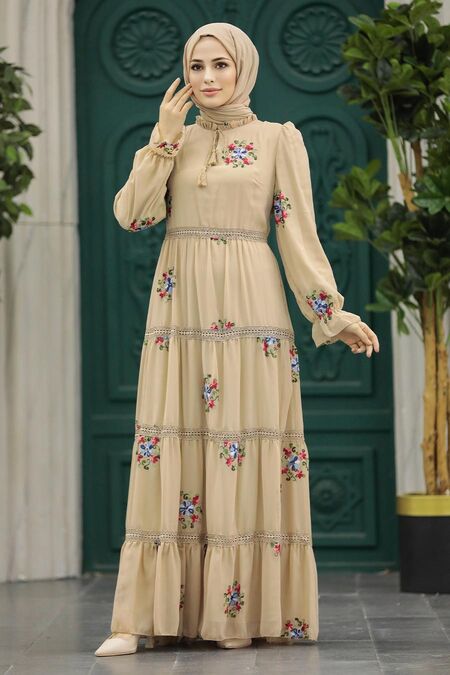  Beige Islamic Clothing Dress 32814BEJ - NEVA STYLE