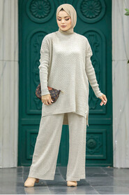 Neva Style - Beige Knitwear Muslim Dual Suit 33450BEJ - Thumbnail