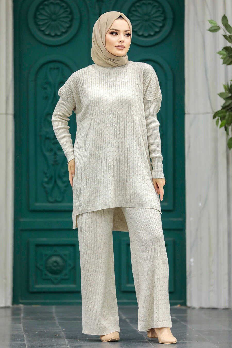 Neva Style - Beige Knitwear Muslim Dual Suit 33450BEJ