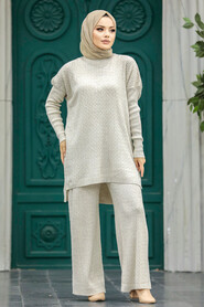 Neva Style - Beige Knitwear Muslim Dual Suit 33450BEJ - Thumbnail