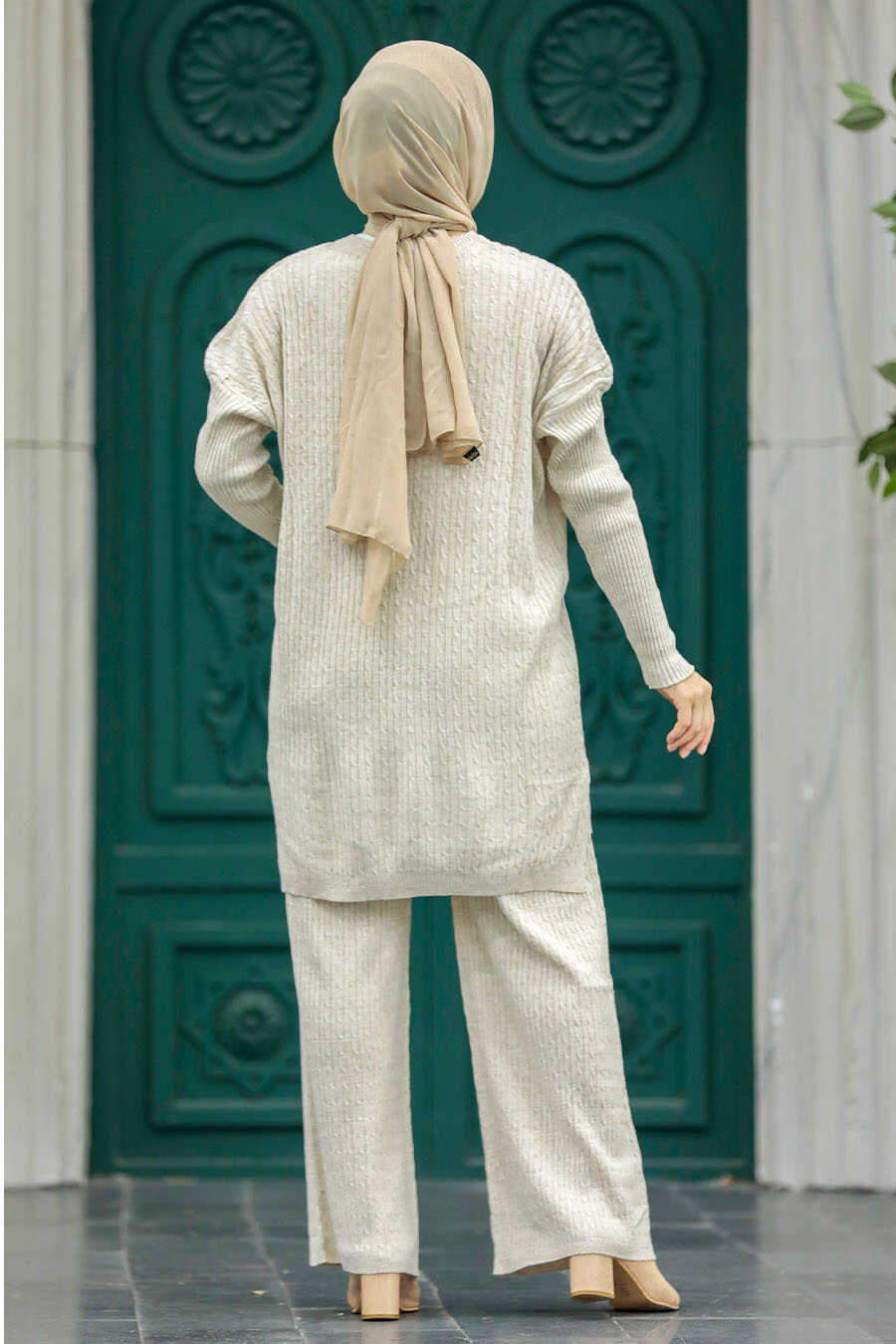 Neva Style - Beige Knitwear Muslim Dual Suit 33450BEJ