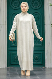 Neva Style - Beige Long Dress for Muslim Ladies Knitwear Dress 3409BEJ - Thumbnail