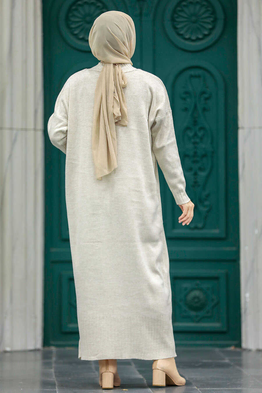 Neva Style - Beige Long Dress for Muslim Ladies Knitwear Dress 3409BEJ