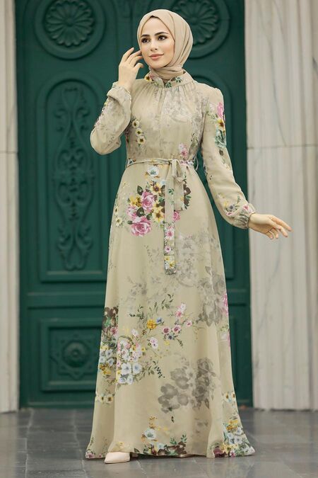  Beige Long Muslim Dress 279319BEJ - NEVA STYLE