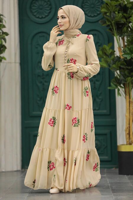  Beige Long Muslim Dress 29061BEJ - NEVA STYLE