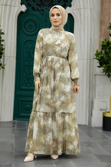  Beige Long Muslim Dress 33560BEJ - NEVA STYLE