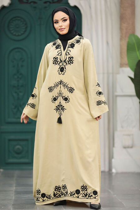  Beige Modest Abaya Dress 11153BEJ - NEVA STYLE