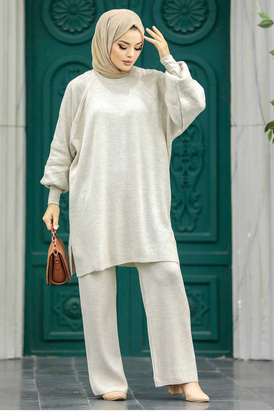 Neva Style - Beige Modest Knitwear Dual Dress 34262BEJ