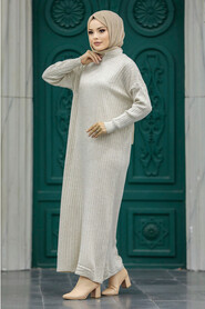  Beige Muslim Long Knitwear Dress Style 34150BEJ - 2