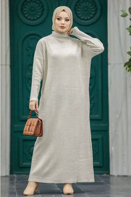  Beige Muslim Long Knitwear Dress Style 34150BEJ - NEVA STYLE