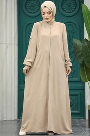 Neva Style - Beige Muslim Turkish Abaya 11070BEJ - Thumbnail