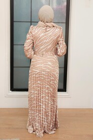  Beige Turkish Hijab Long Sleeve Dress 34531BEJ - 2