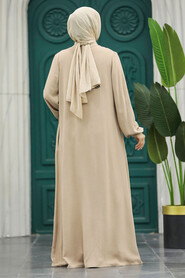  Beige Women Turkish Abaya 11065BEJ - 4