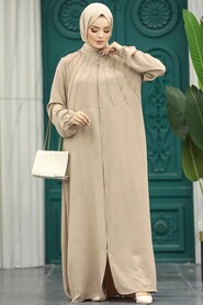  Beige Women Turkish Abaya 11065BEJ - 3