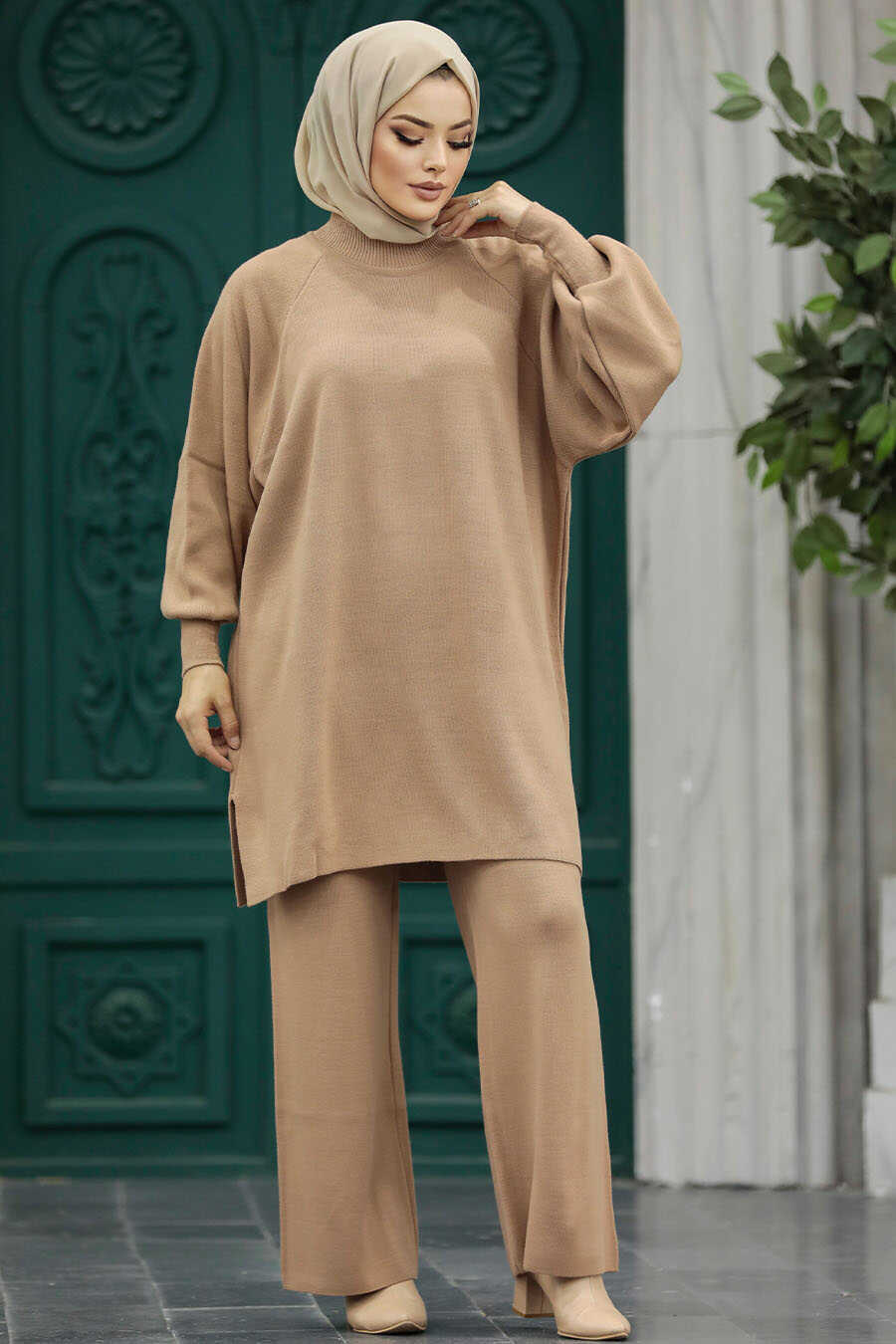 Neva Style - Biscuit Modest Knitwear Dual Dress 34262BS